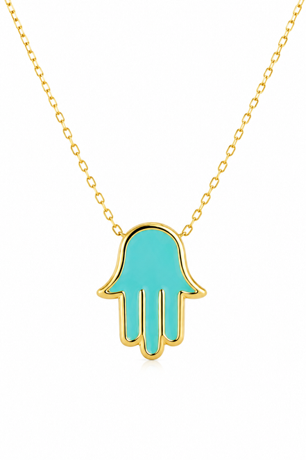 18K Gold Turquoise Hand Pendant Necklace for Women. (Lightweight)