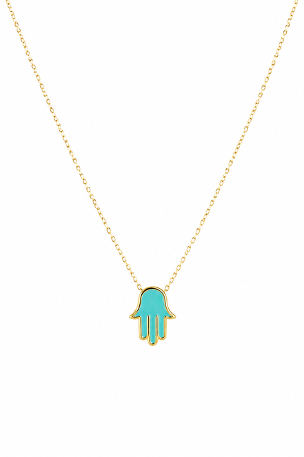 18K Gold Turquoise Hand Pendant Necklace for Women. (Lightweight)