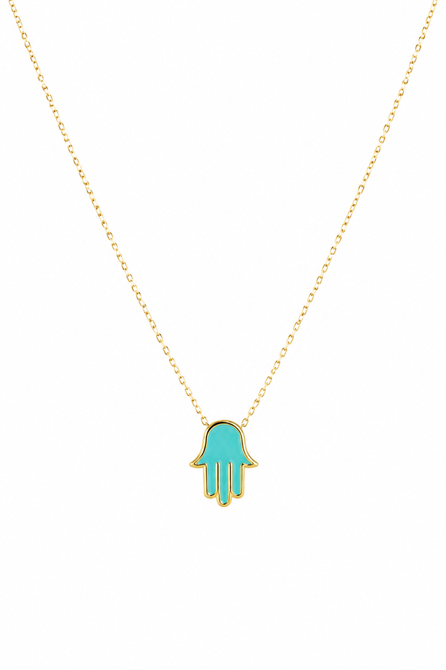 18K Gold Turquoise Hand Pendant Necklace for Women. (Lightweight)
