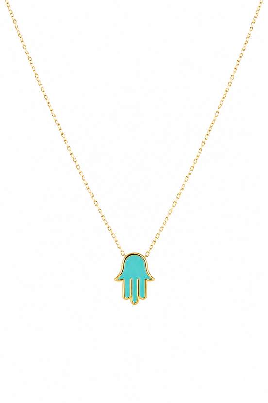 18K Gold Turquoise Hand Pendant Necklace for Women. (Lightweight)