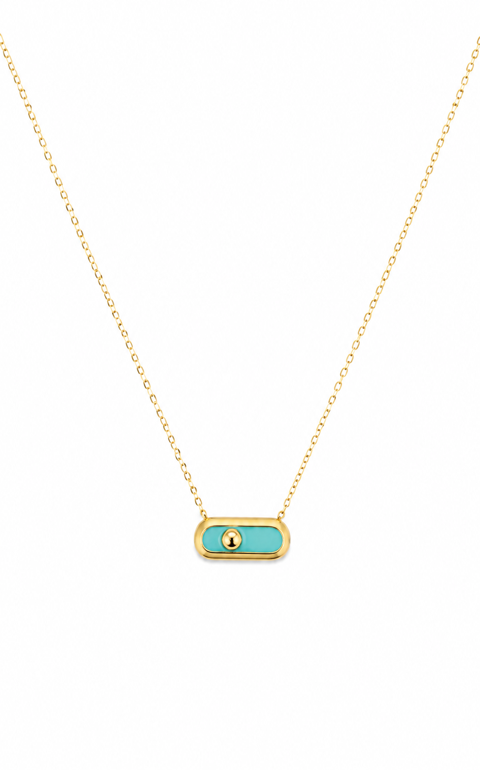 18K Gold Turquoise Enamel Bar Pendant Necklace.