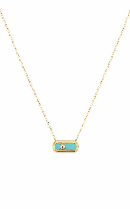 18K Gold Turquoise Enamel Bar Pendant Necklace.