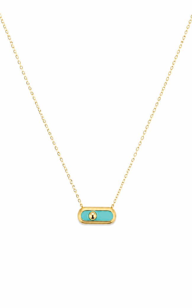 18K Gold Turquoise Enamel Bar Pendant Necklace.