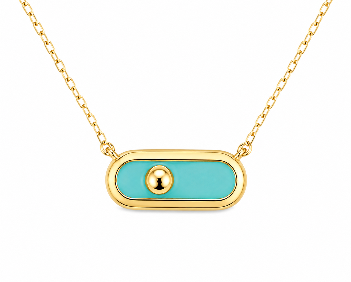 18K Gold Turquoise Enamel Bar Pendant Necklace.