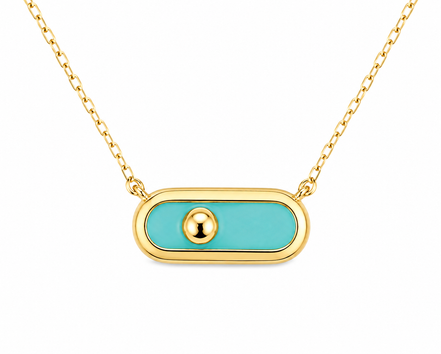 18K Gold Turquoise Enamel Bar Pendant Necklace.