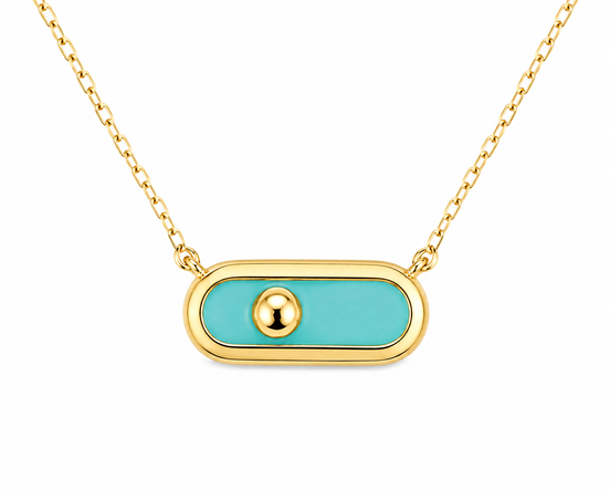 18K Gold Turquoise Enamel Bar Pendant Necklace.