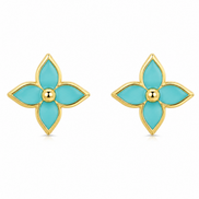 18K Gold Turquoise Four-Petal Flower Necklace & Earrings Set.