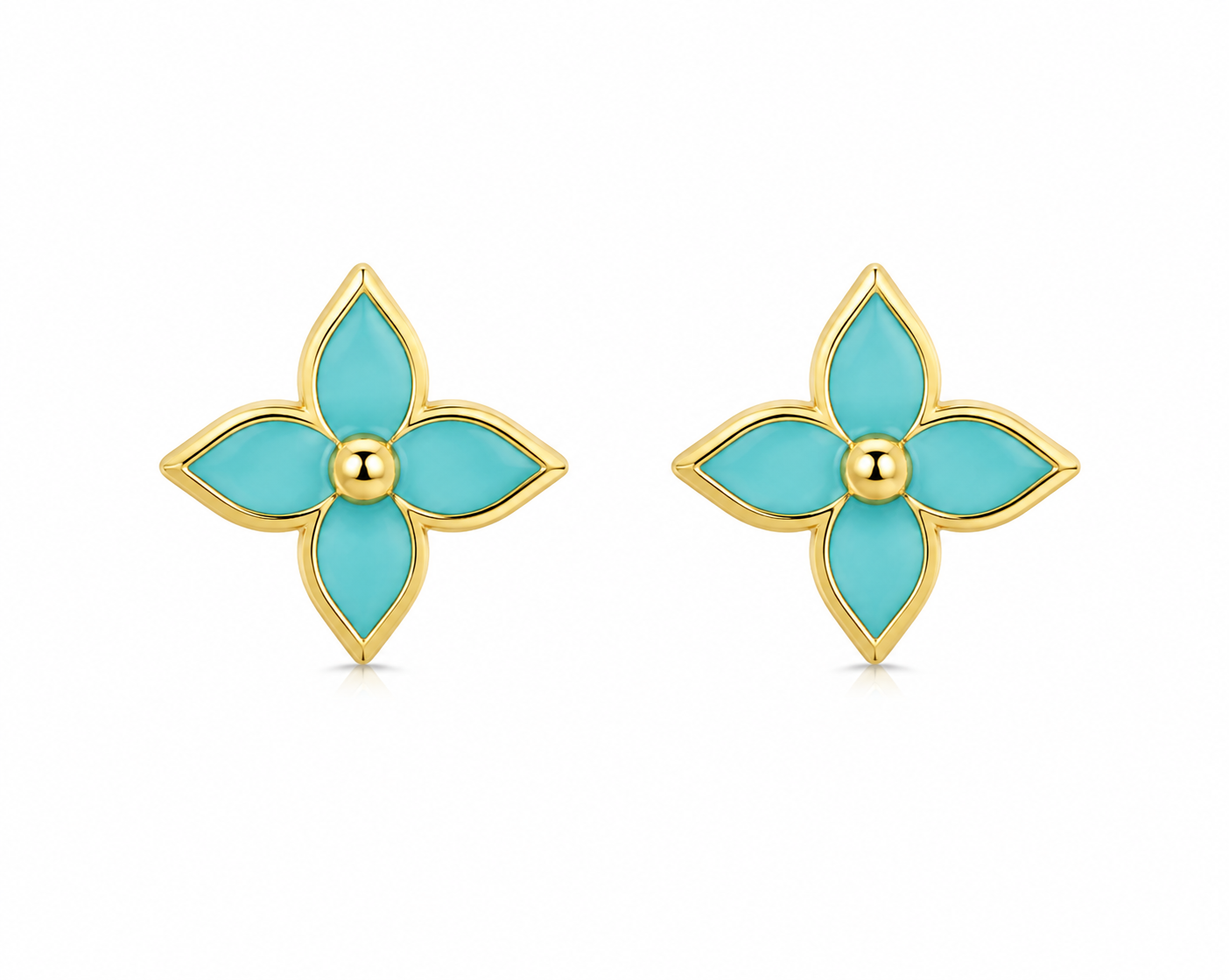 18K Gold Turquoise Four-Petal Flower Necklace & Earrings Set.
