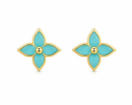 18K Gold Turquoise Four-Petal Flower Necklace & Earrings Set.