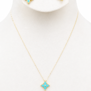 18K Gold Turquoise Four-Petal Flower Necklace & Earrings Set.