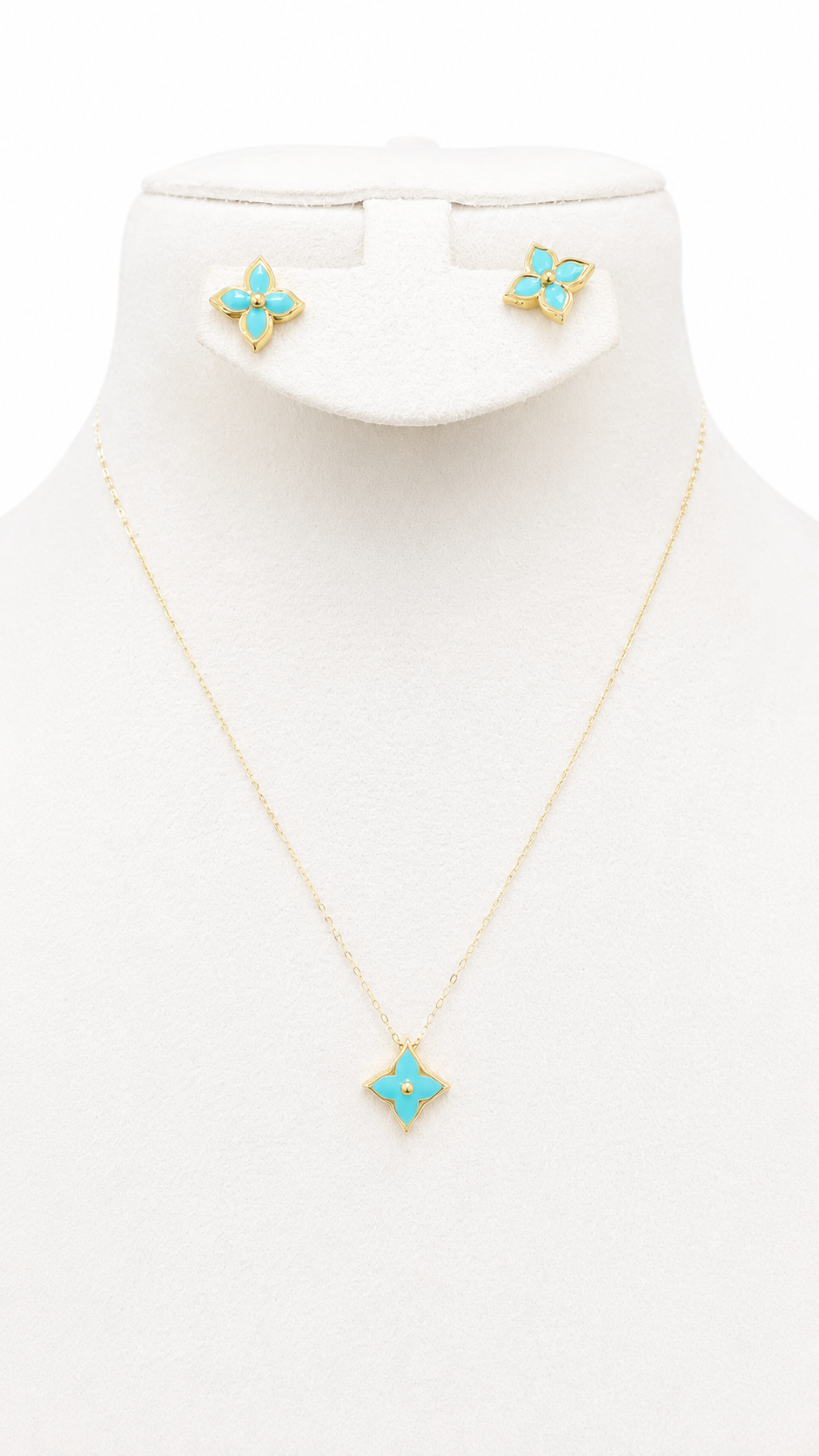 18K Gold Turquoise Four-Petal Flower Necklace & Earrings Set.
