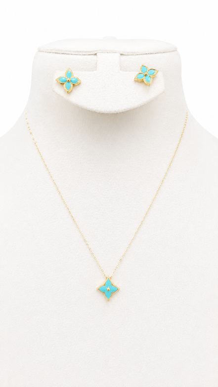 18K Gold Turquoise Four-Petal Flower Necklace & Earrings Set.
