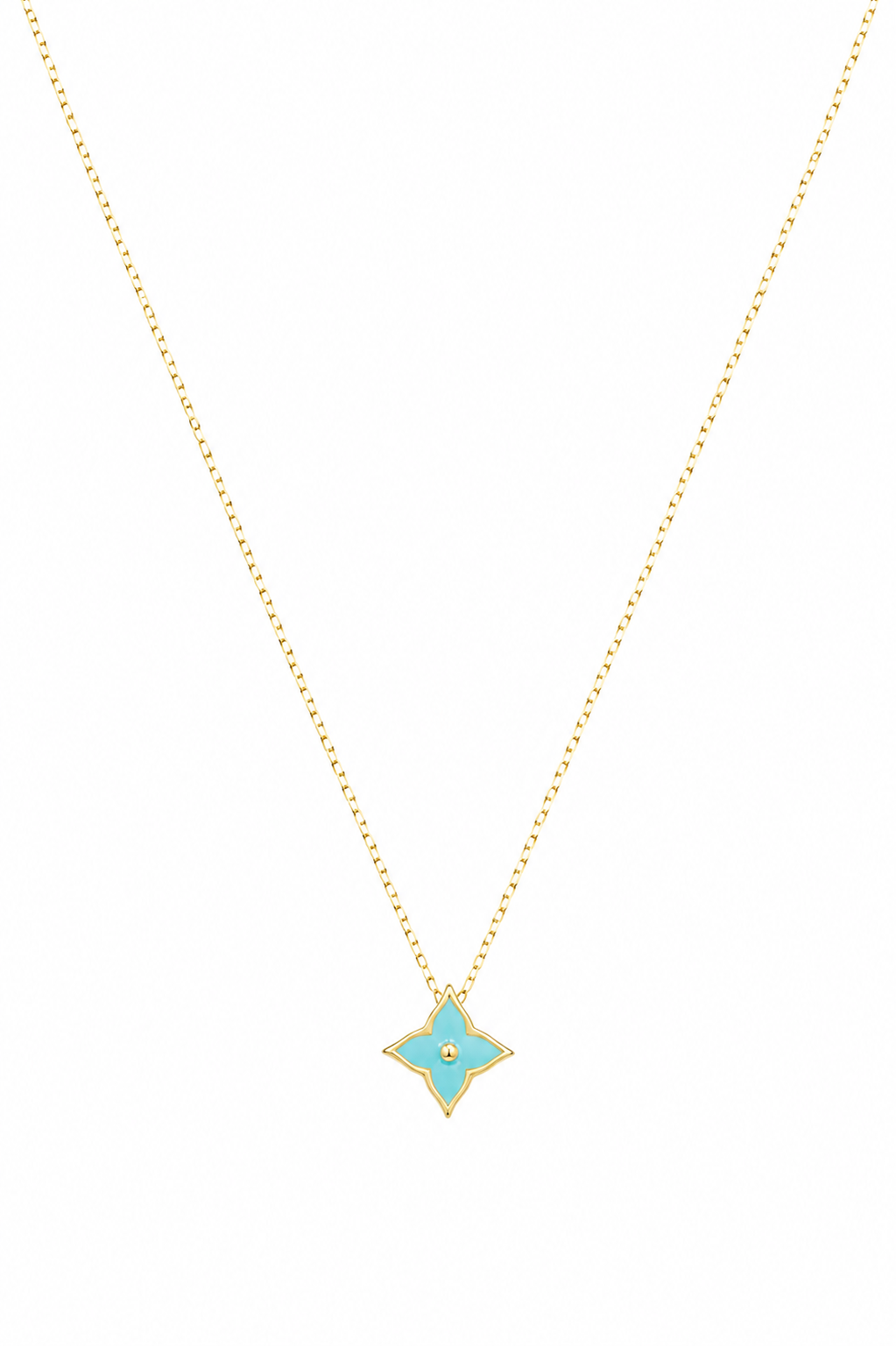18K Gold Turquoise Four-Petal Flower Necklace & Earrings Set.