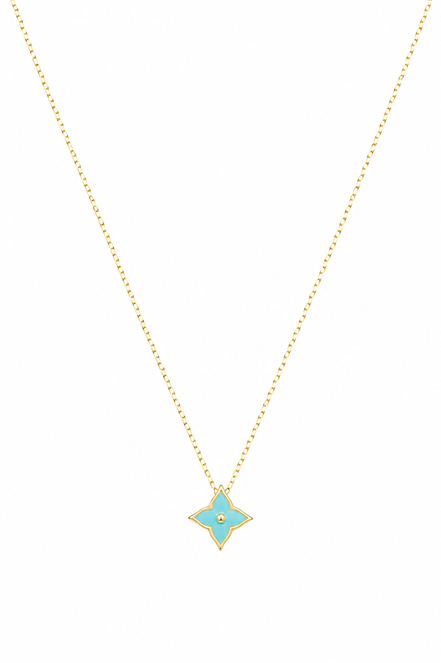 18K Gold Turquoise Four-Petal Flower Necklace & Earrings Set.