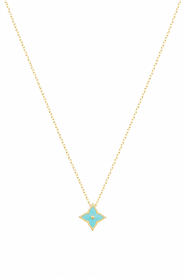 18K Gold Turquoise Four-Petal Flower Necklace & Earrings Set.