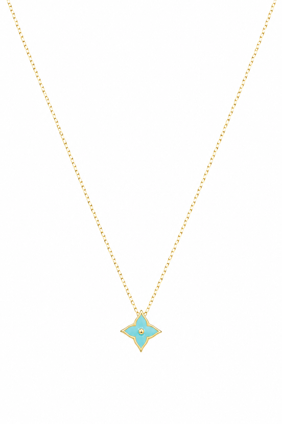 18K Gold Turquoise Four-Petal Flower Necklace & Earrings Set.