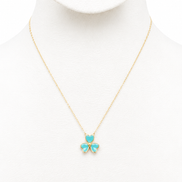 18K Gold Turquoise Flower Shaped Clover Pendant Necklace.