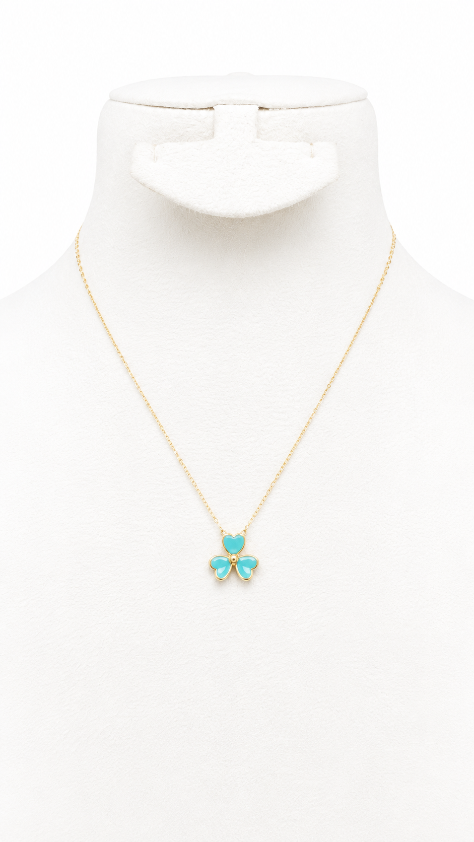 18K Gold Turquoise Flower Shaped Clover Pendant Necklace.