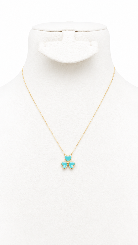18K Gold Turquoise Flower Shaped Clover Pendant Necklace.
