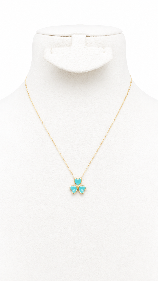 18K Gold Turquoise Flower Shaped Clover Pendant Necklace.