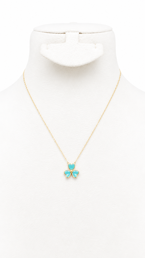 18K Gold Turquoise Flower Shaped Clover Pendant Necklace.