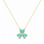 18K Gold Turquoise Flower Shaped Clover Pendant Necklace.