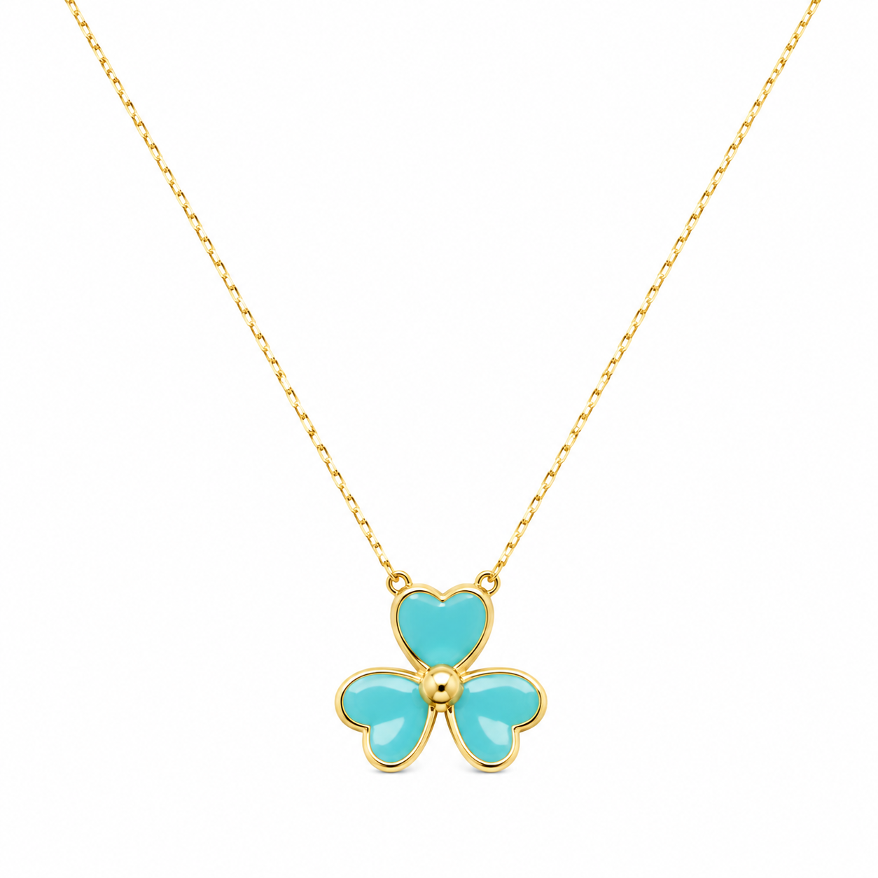 18K Gold Turquoise Flower Shaped Clover Pendant Necklace.
