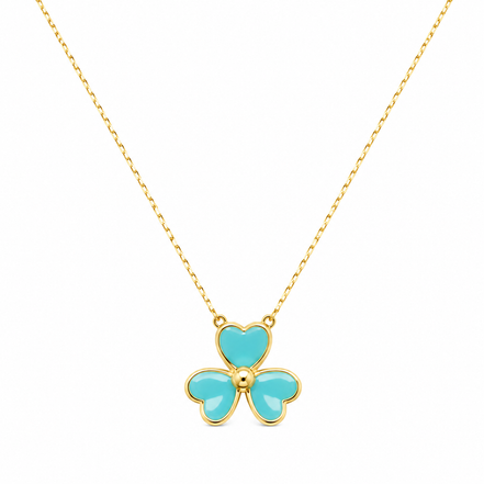18K Gold Turquoise Flower Shaped Clover Pendant Necklace.