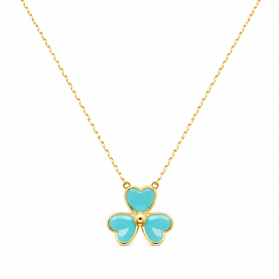 18K Gold Turquoise Flower Shaped Clover Pendant Necklace.