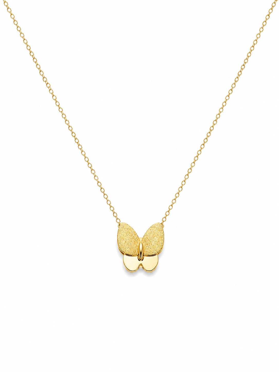 18K Gold Textured Butterfly Pendant Necklace.