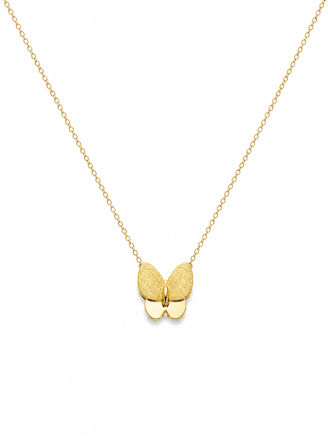 18K Gold Textured Butterfly Pendant Necklace.
