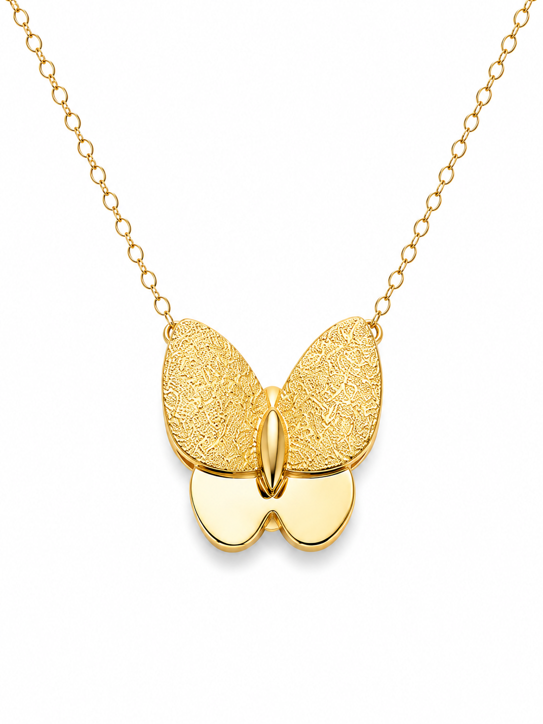 18K Gold Textured Butterfly Pendant Necklace.