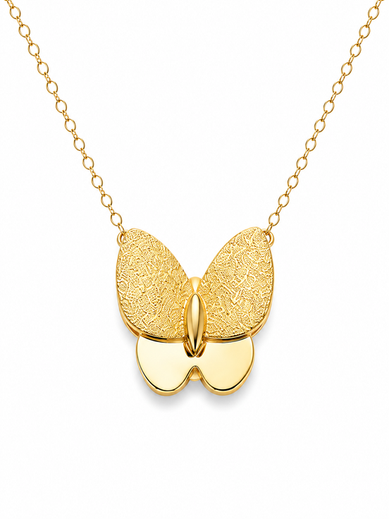 18K Gold Textured Butterfly Pendant Necklace.