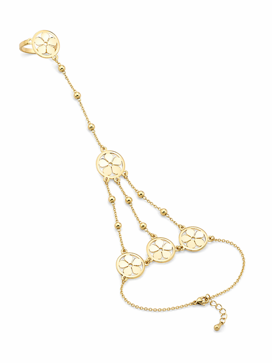 18K Gold Floral Charm Chain Hand Jewelry for Women, Hand Harness Bracelet Ring.