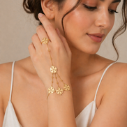 18K Gold Floral Charm Chain Hand Jewelry for Women, Hand Harness Bracelet Ring.