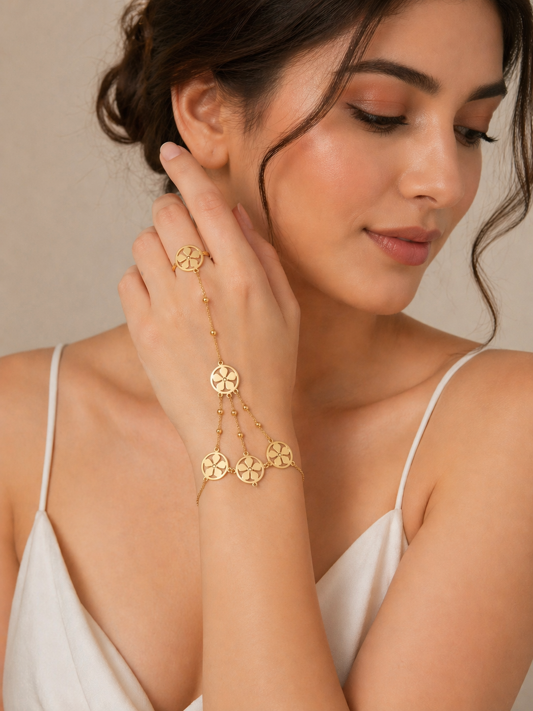 18K Gold Floral Charm Chain Hand Jewelry for Women, Hand Harness Bracelet Ring.