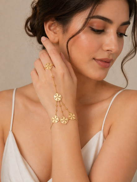 18K Gold Floral Charm Chain Hand Jewelry for Women, Hand Harness Bracelet Ring.