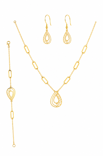 Elegant Gold Teardrop Necklace, Earrings & Bracelet Set for Women.
