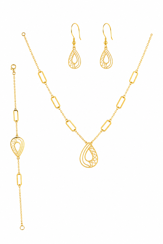 Elegant Gold Teardrop Necklace, Earrings & Bracelet Set for Women.