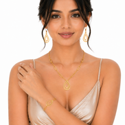 Elegant Gold Teardrop Necklace, Earrings & Bracelet Set for Women.