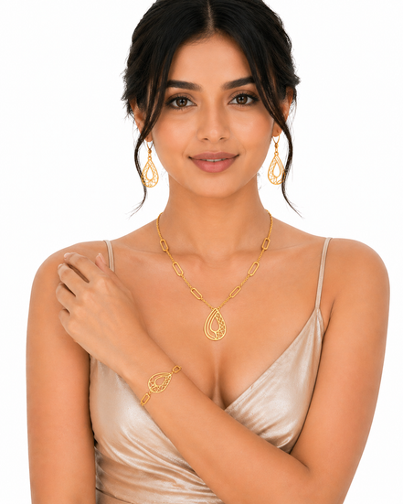 Elegant Gold Teardrop Necklace, Earrings & Bracelet Set for Women.