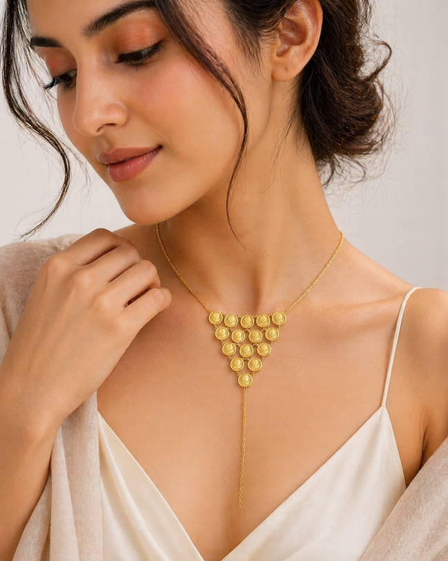 18K Gold Coin Drop Statement Necklace.