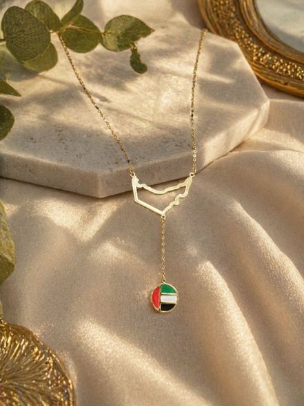 18K Gold UAE Map Pendant Necklace with Flag Charm.