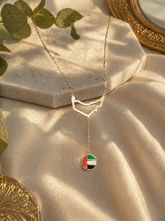 18K Gold UAE Map Pendant Necklace with Flag Charm.