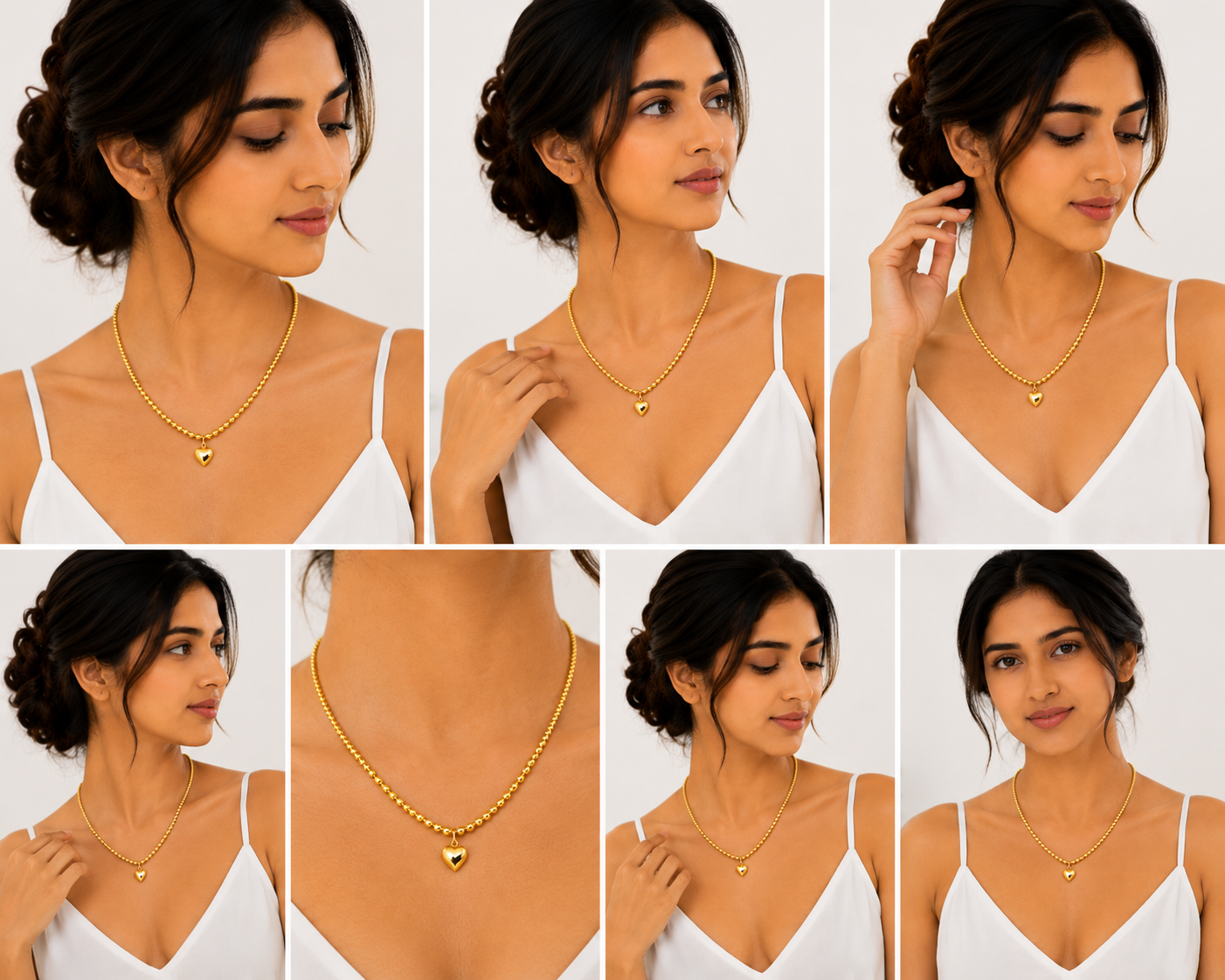 18K Gold Heart Pendant Necklace for Women  Beaded Chain Jewelry.
