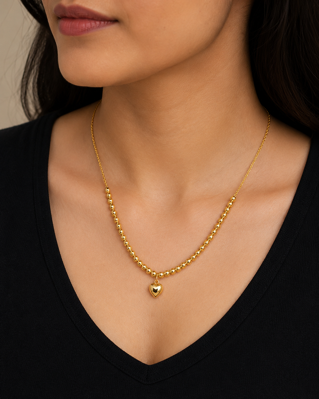 18K Gold Heart Pendant Necklace for Women  Beaded Chain Jewelry.