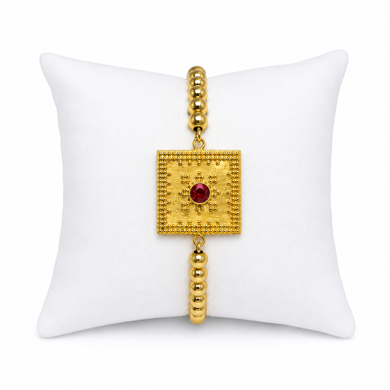 18K Golden colour Beaded Kids Bracelet with Ruby Crystal Centrepiece.