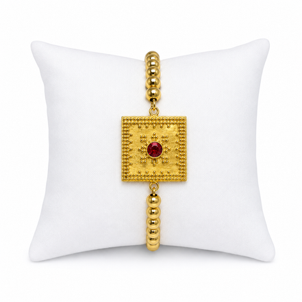 18K Golden colour Beaded Kids Bracelet with Ruby Crystal Centrepiece.