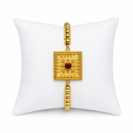 18K Golden colour Beaded Kids Bracelet with Ruby Crystal Centrepiece.