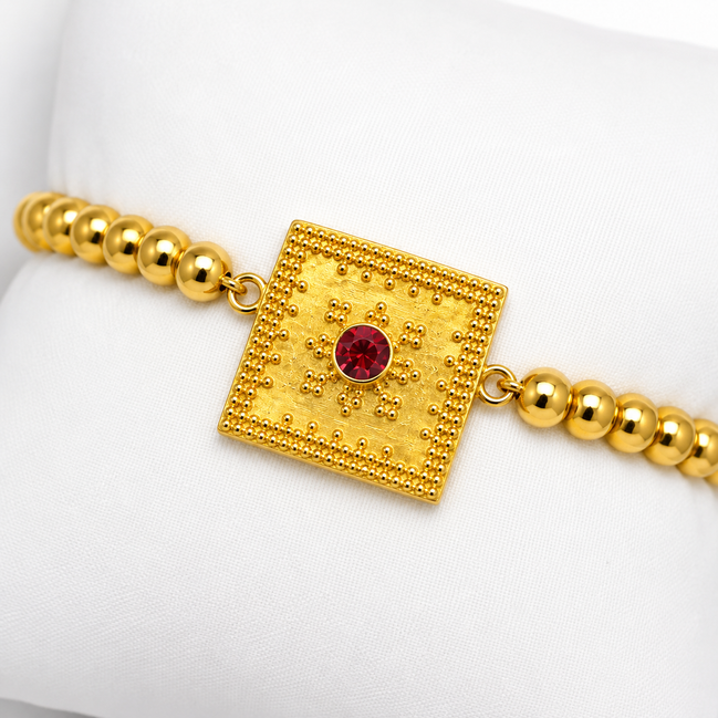 18K Golden colour Beaded Kids Bracelet with Ruby Crystal Centrepiece.